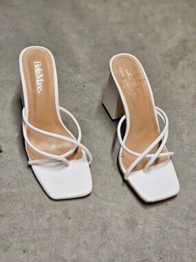 Womens White Strappy Block Heel Sandals With Square Toe Design